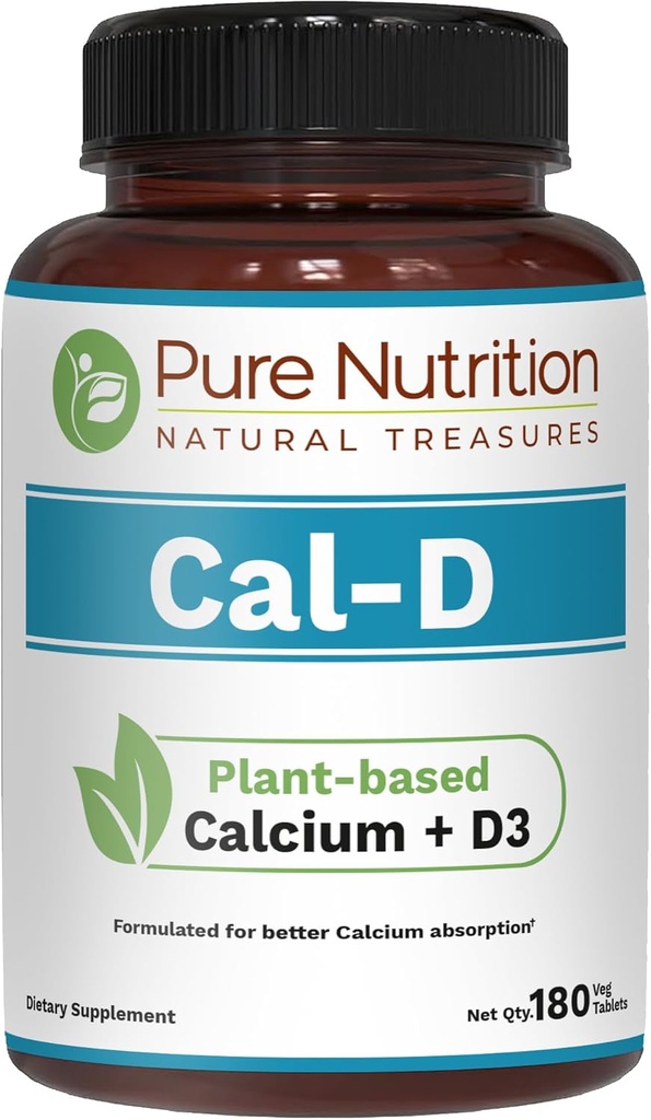 Pure Nutrition Cal D - Plant Based Calcium עם VIT D3 K2 & Magnesium | 180 Tabs | 500 מ"ג טבעוני Calcium ל- Algae Calcium תוסף לבריאות העצם