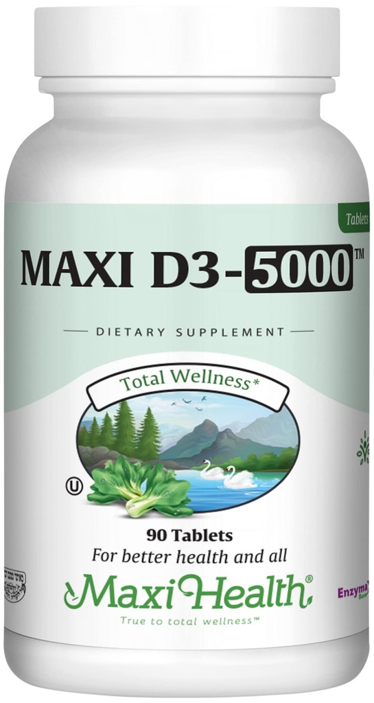 Maxi Health ויטמין D3 5000 IU (125 mcg) - ויטמין D 5000 IU - עצמות בריאות, שיניים, תמיכה במזל - כשרות גבוהה טהורה ויט D3 (90 טבליות)