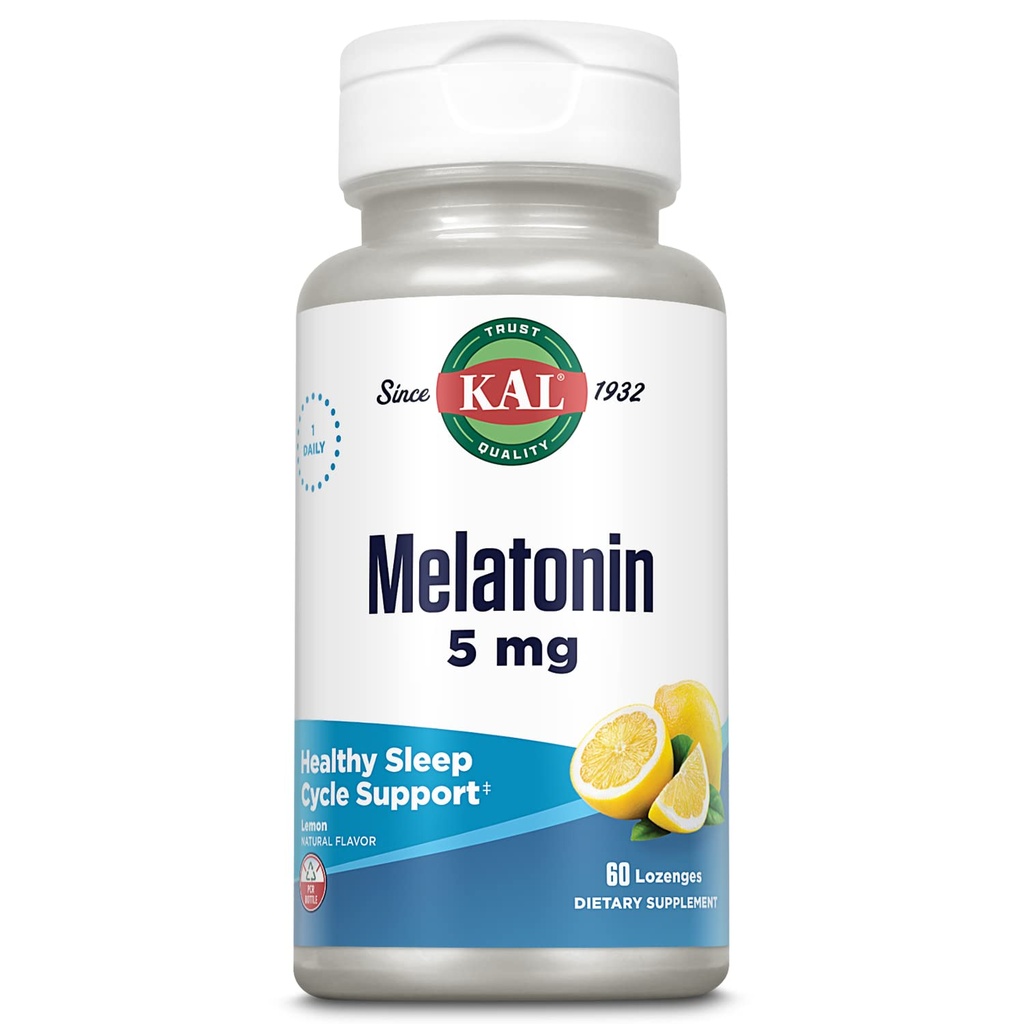 KAL Melatonin 5 מ"ג Sleep Aid Lozenges, תוסף מלטונין תומך איכות השינה, הקלה מרגיעה ומחזור שינה בריא, עם תוספת ויטמין B6, Vegetarian, Natural Lemon Flavor, 60 Lozenges