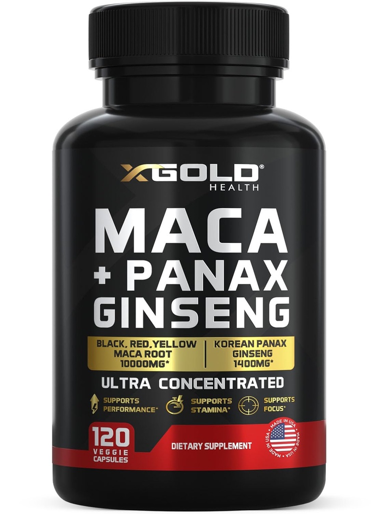 Maca Root קפסולות 10,000 מ"ג + Panax גינזנג 1,400 מ"ג - 20x ריכוזי לחלץ שחור + אדום + צהוב Maca Root, 10x ריכוזים של Panax גינזנג קפסולות - Ultra Potent & Highly Purified Purified.