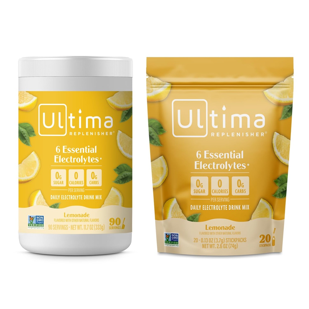 Ultima Replenisher Electrolyte אבקת לשתות Mix Bundle - סוכר חינם - Lemonade, 90 משרת Canister ו 20 Stickpacks - 6 אלקטרוליטים ומינרלים - Keto Friendly, טבעוני, non-GMO