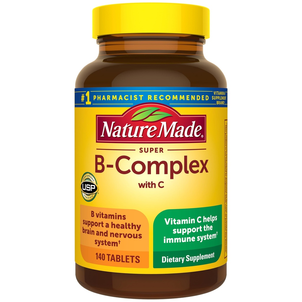 Nature Made Super B Complex עם ויטמין C & Folic Acid, B Complex ויטמינים לנשים וגברים, תוספת תזונתית לתמיכה בחיסון, 140 טבליות, 140 יום אספקה