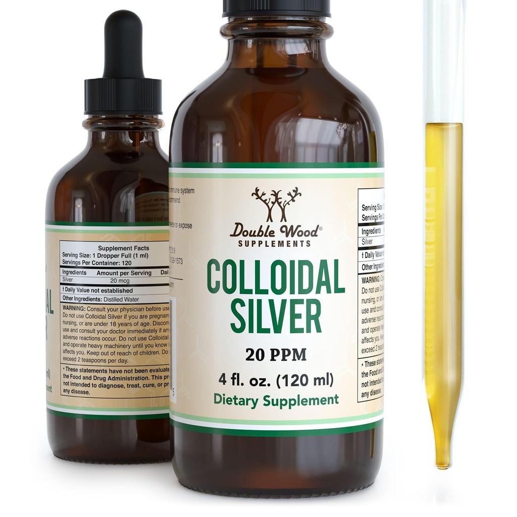 cooidal Silver נוזל 20 PPM - 4 Fl OZ (Plata Coloidal with Dropper) 99 Pure.9%, Gluten Free, non-GMO על ידי תוספי עץ כפול
