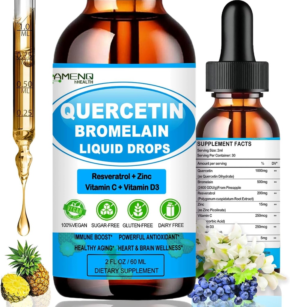 Quercetin עם ויטמין C ו- Zinc - Quercetin נוזל טיפות - Quercetin עם Bromelain - Zinc Quercetin - Immune Support Supplement for Respiratory Health & Body's Response to Occasional Allergies