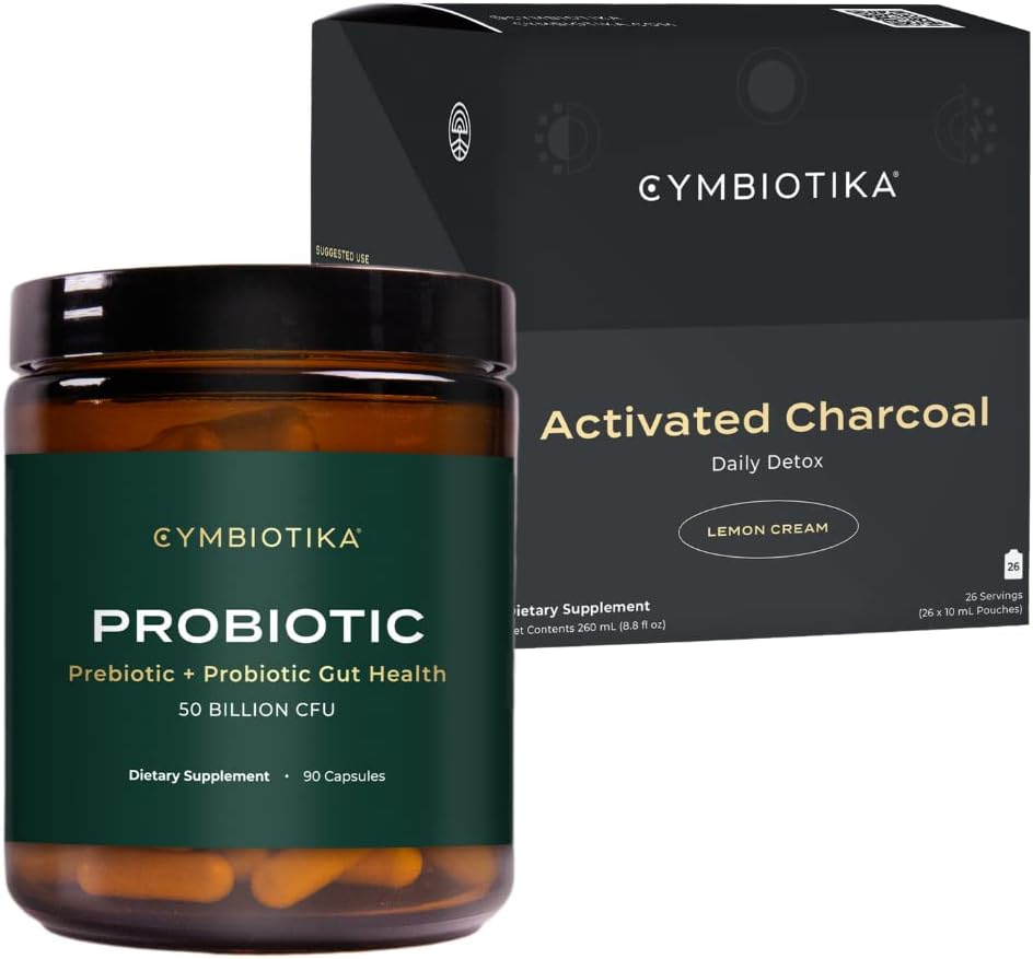 CYMBIOTIKA Probiotic 50 מיליארד CFU & מופעל תוספת נוזלי Charcoal, תומך עיכול בריא עבור גברים ונשים, Stomach Detox & Digestive הקלה, עוזר הקלה Gas & Bloating, קל לשימוש