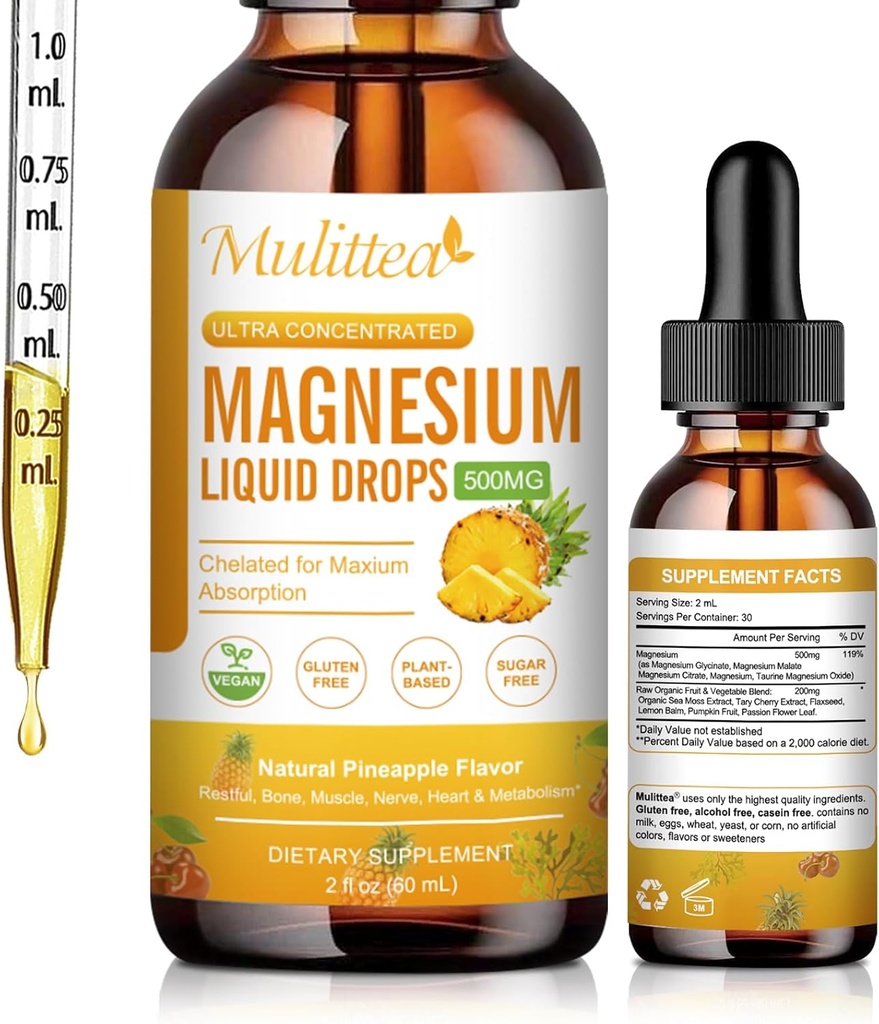 Magnesium נוזל טיפות - High Absorption 5in-1 Magnesium Complex תוספת עם Magnesium Glycinate, Malate, Citrate, Turate - עבור העצמות, השרירים, Nerves & אנרגיה - טבעוני, סוכר חינם, 2 Fl.oz.