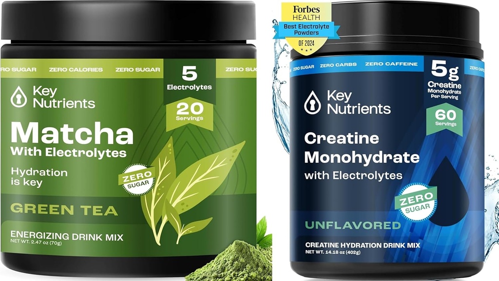 אבקת KEY NUTRIENTS Matcha & Creatine Monohydrate Bundle - תה ירוק ללא ממותק (20 משרתות) + אבקת תוספי קריאטין Micronized (60 משרתים) - Boost Energy, Focus & Performance