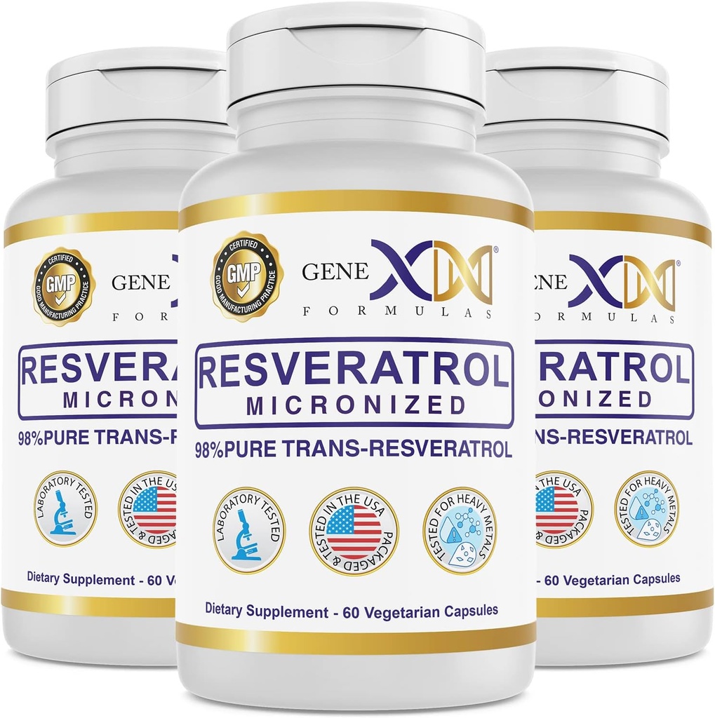 Genex Formulas 98% Pure Trans-Resveratrol with BioPerine® for Absorption (3 Pack) Micronized, Lab-Tested, Fully Stabilized Resveratrol 600mg - 180X Trans-Resveratrol קפסולות עבור הזדקנות בריאה