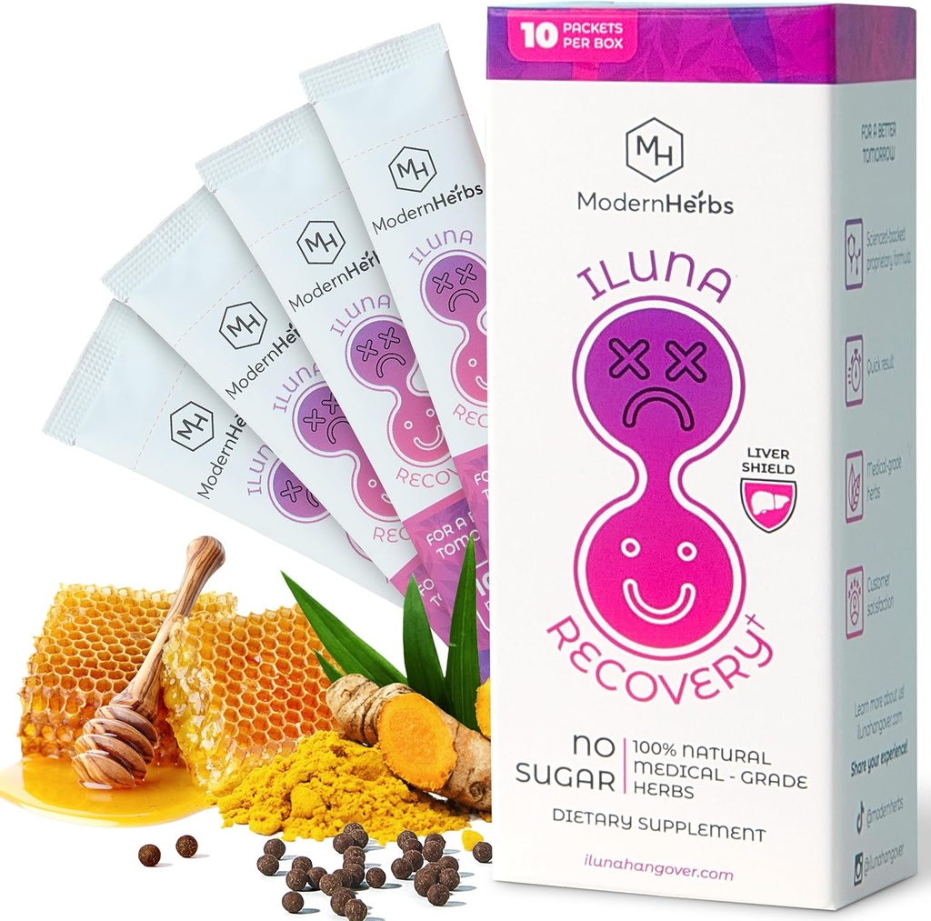 ILUNA Recovery Fast-Acting Herbal Hangover Relief - Premium Milk Thistle with Detox Herbs & Natural Pebbles - Liver Support & Inflammation Balance - מקס כוח (10 Pk)