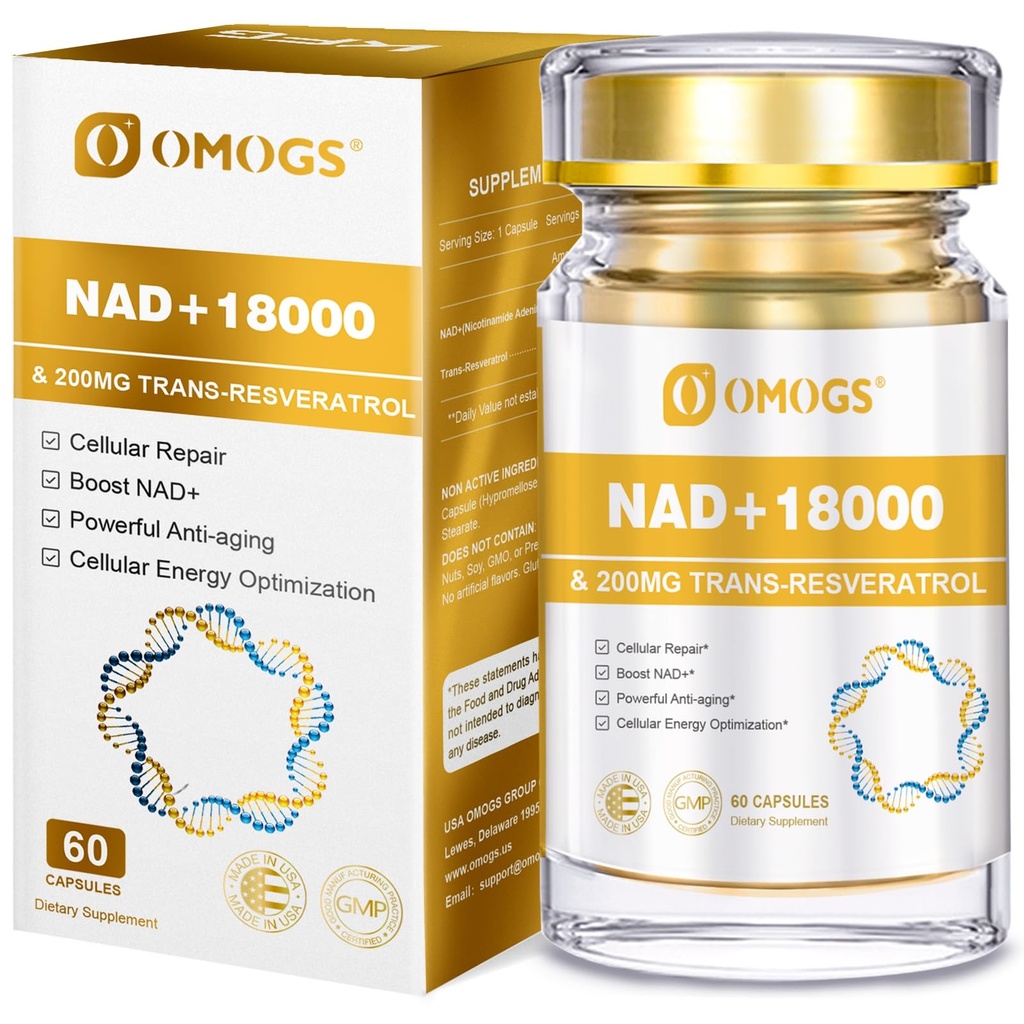 OMOGS NAD + 300 מ"ג + Trans-Resveratrol 200 מ"ג, תוסף NAD טהור, מקס Absorption, תוסף Boosting לתיקון DNA, הזדקנות בריאה, אנרגיה סלולרית וארוכות, 60 קפסולות