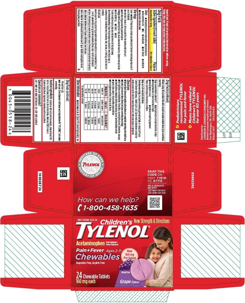 כאב הילדים + Fever Chewable Tablet Grape Flavor - 24 ct, Pack של 4