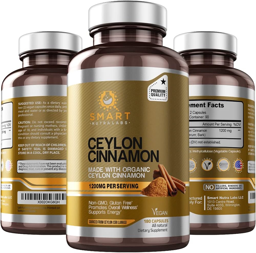 Smart Nutra Labs Organic Ceylon Cinnamon תוסף 1200 מ"ג לכל משרת, 180 קפסולות טבעוניות, 100% טהור, אמיתי Ceylon Cinnamon