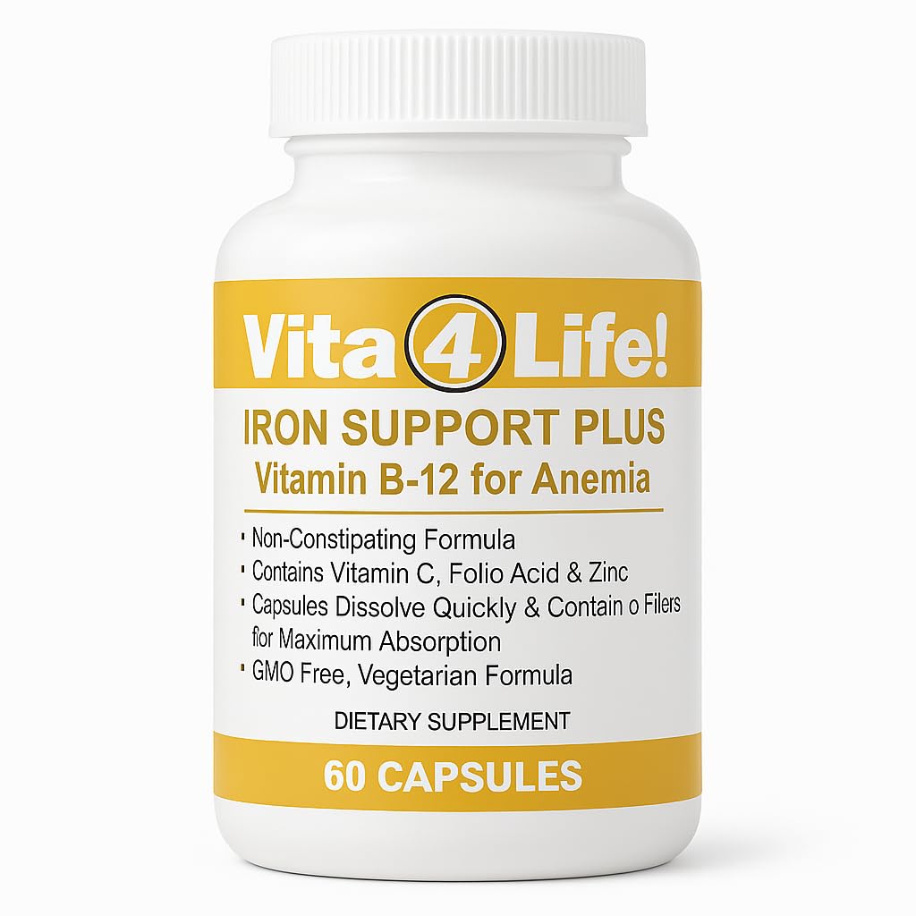 Vita4Life! ® Iron Support Plus - 40 מ"ג ברזל עם ויטמין C, B-12, Folic Acid & Zinc - 60 קפסולות - פורמולה לא סטנדרטית עבור Red Blood Cell Support & Energy - Vegetarian & GMO-Free