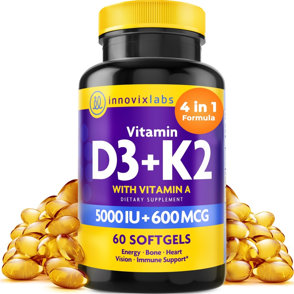 InnovixLabs ויטמין D3 K2-5000 IU ויטמין D3 Plus 600 mcg ויטמין K2 MK4 ו MK7 עבור Max Calcium Absorption, תומך העצם, Immune, Heart Health, 3rd Party Tested, Gluten Free, 60 Softgels