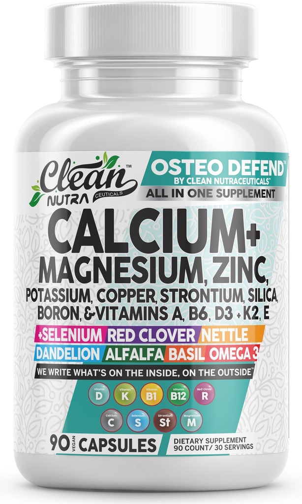 Allin1 Calcium Magnesium Zinc תוסף עם Potassium, Copper, Strontium, Silica, ויטמין D3 K2, Boron, ויטמין B1 B12 Red Clover Herb alphalfa באזל גלולות לגברים ונשים לנקות Nutraeo Defendendendendendendendendendend, B1 B1 B12 B12 Red Clover Herb alphalfa