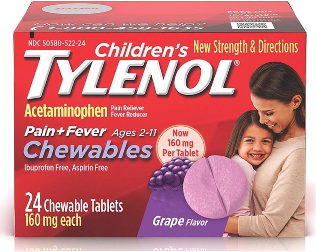 כאב הילדים + Fever Chewables Tablet 160 מ"ג, Grape Flavor 24 ea (3 Pack)