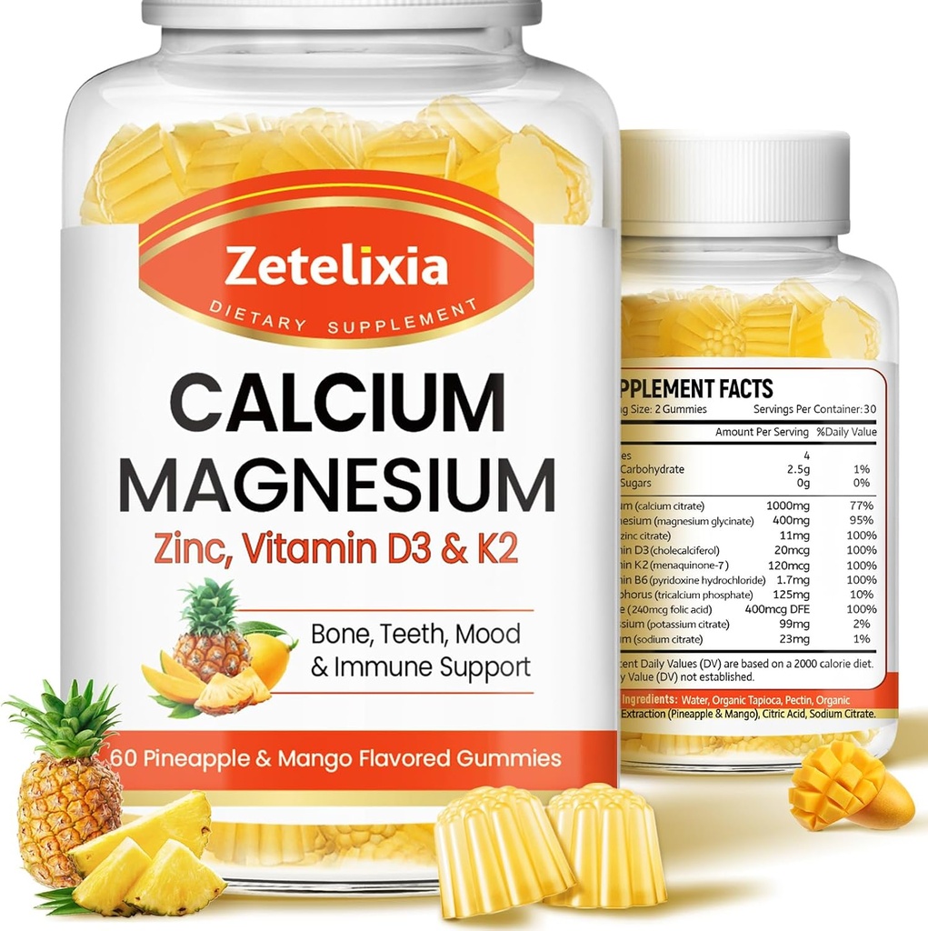 Calcium Gummies for Women Men, Calcium Magnesium Zinc עם ויטמין D3 & K2, Calcium Magnesium תוסף עבור שרירי B0nes, Pineapple & מנגו פלמור - הרוזן 120