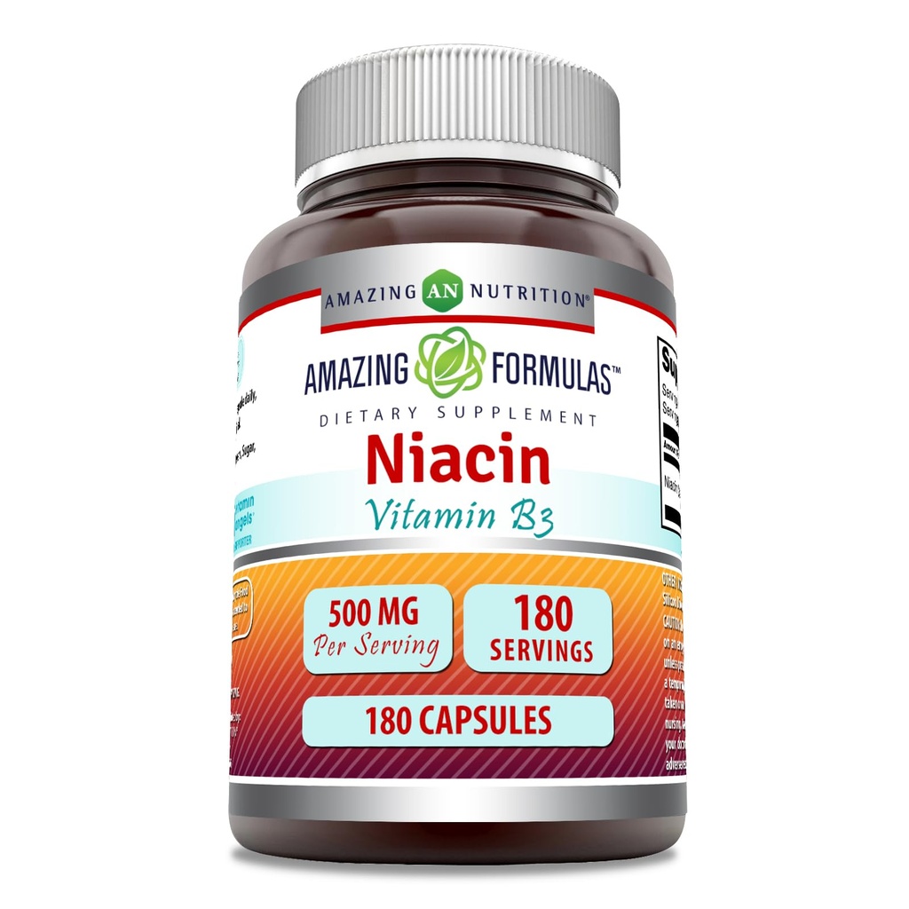 פורמולה מדהימה Niacin תוסף | 500 Mg Per Serve | 180 קפסולות | Non-GMO | Gluten-Free | Made in USA