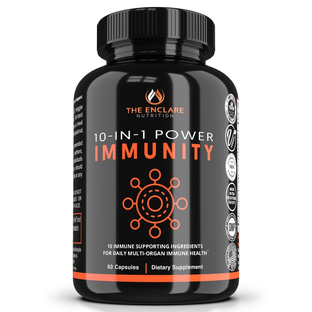 The ENCLARE NUTRITION 10 ב 1 Immune Support Booster תוסף עם Echinacea, ויטמין C ו- Zinc, Turmeric, ג'ינג'ר, B6, Elderberry for Adults Immunity Defenses, Made in USA Veg Cap 60 Ct (1)