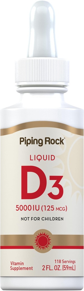 Piping Rock ויטמין D3 נוזלי 5000 IU (125 mcg) | 2 oz | ויטמין D טיפות למבוגרים | Vegetarian, non-GMO, Gluten Free Supplement