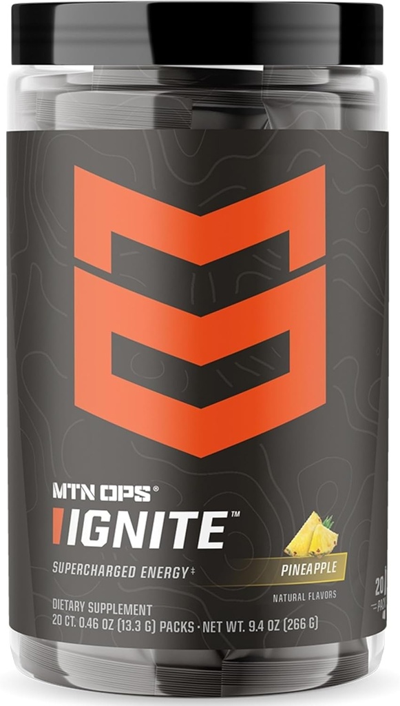 MTN OPS Ignite Trail Packs אנרגיה אבקת משקה, Gluten חינם Nootropic תוספת משקה Mix, L Arginine, L Citrulline, Caffeine & Nootropic סוכר חינם לערבב, 20 לשרתים, Pineapple Crush