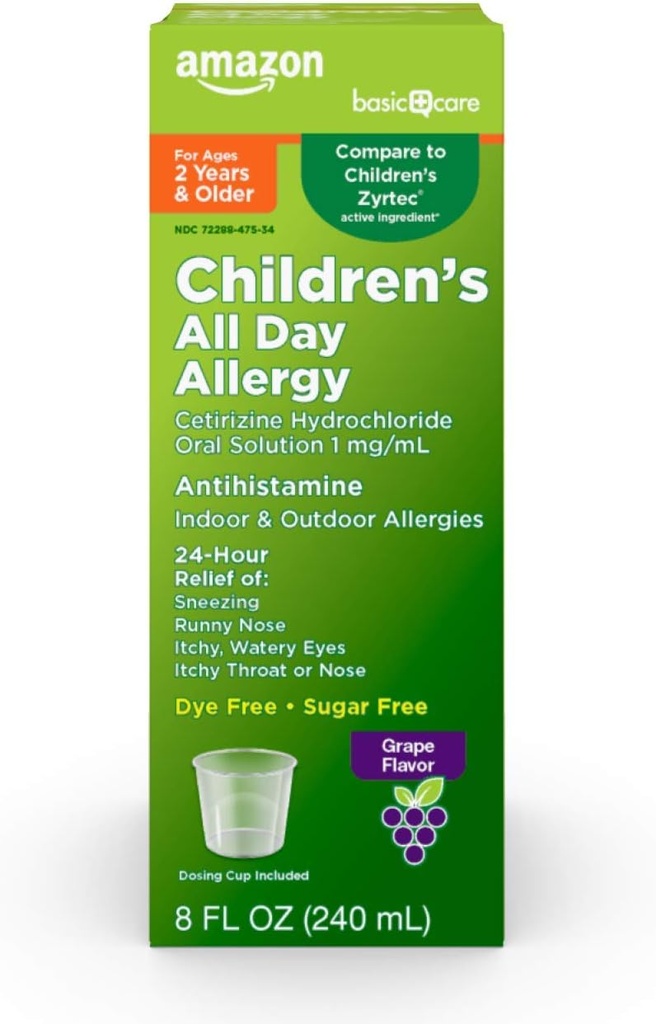 טיפול בסיסי 24 Hour Allergy הקלה לילדים, Cetirizine hydrochloride פתרון אוראלי 1 מ"ג / mL, Grape Flavor, Dye חינם, 8 oz (Pack של 1)
