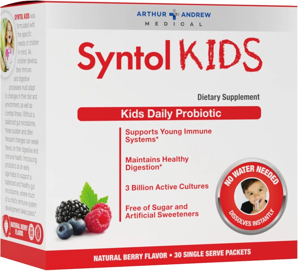 ארתור אנדרו רפואי, Syntol Kids, Daily Probiotic תוסף לבריאות העיכול ו- Young Immune Systems, No Sugar or Artificial Sweeteners, ברי פלאמור, טבעוני, 30 Sachets