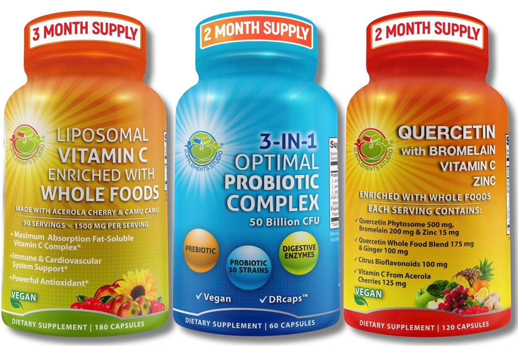 Immune & Gut Health Bundle - 3in-1 פרוביוטיקה עם Enzymes & Prebiotic + Quercetin עם Bromelain, Zinc, ויטמין C & אורגני Whole מזונות + Liposomal ויטמין C 1500 מ"ג עם אורגני Acerola & Camu Camu Camu Camu Camu Camu Camu