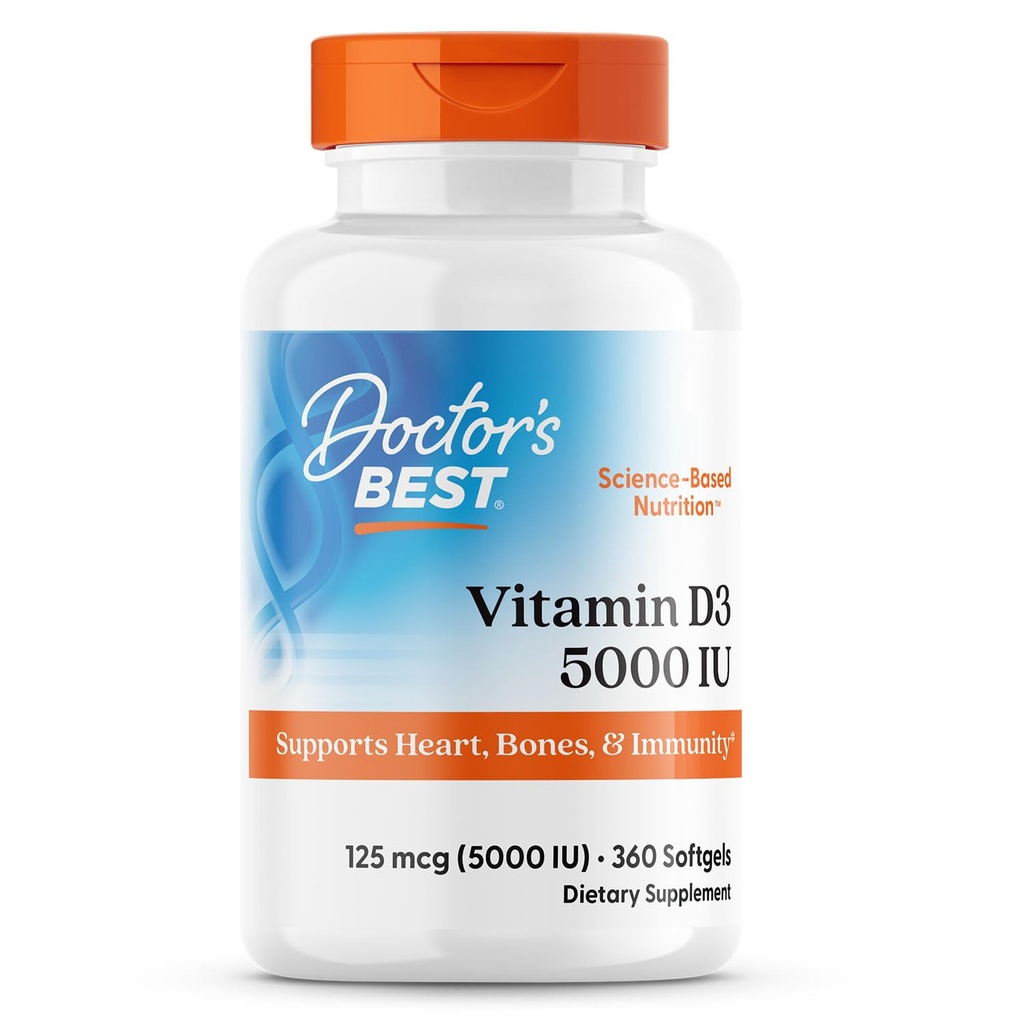 ויטמין D3 5,000 IU עבור עצמות בריאות, שיניים, לב ו- Immune Support, Non-GMO, Gluten-Free, Soy Free, 360 Count (Pack of 1)