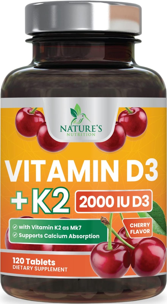 ויטמין D3 K2 2000 IU Plus עם K2 (MK-7) 75 mcg - ויטמינים D & K מורכב תוסף עבור העצם, שיניים, שרירים, Calcium Absorption, תומך Immune & Heart Health, non-GMO Chewable Formula - 120 טבליות