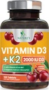 ויטמין D3 K2 2000 IU Plus עם K2 (MK-7) 75 mcg - ויטמינים D & K מורכב תוסף עבור העצם, שיניים, שרירים, Calcium Absorption, תומך Immune & Heart Health, non-GMO Chewable Formula - 120 טבליות
