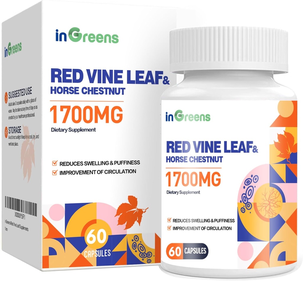 Red Vine Leaf לחלץ 1700mg & Horse Chestnut Extracts, תומך Vein, Skin Health, Circulation for Legs (1Pack)