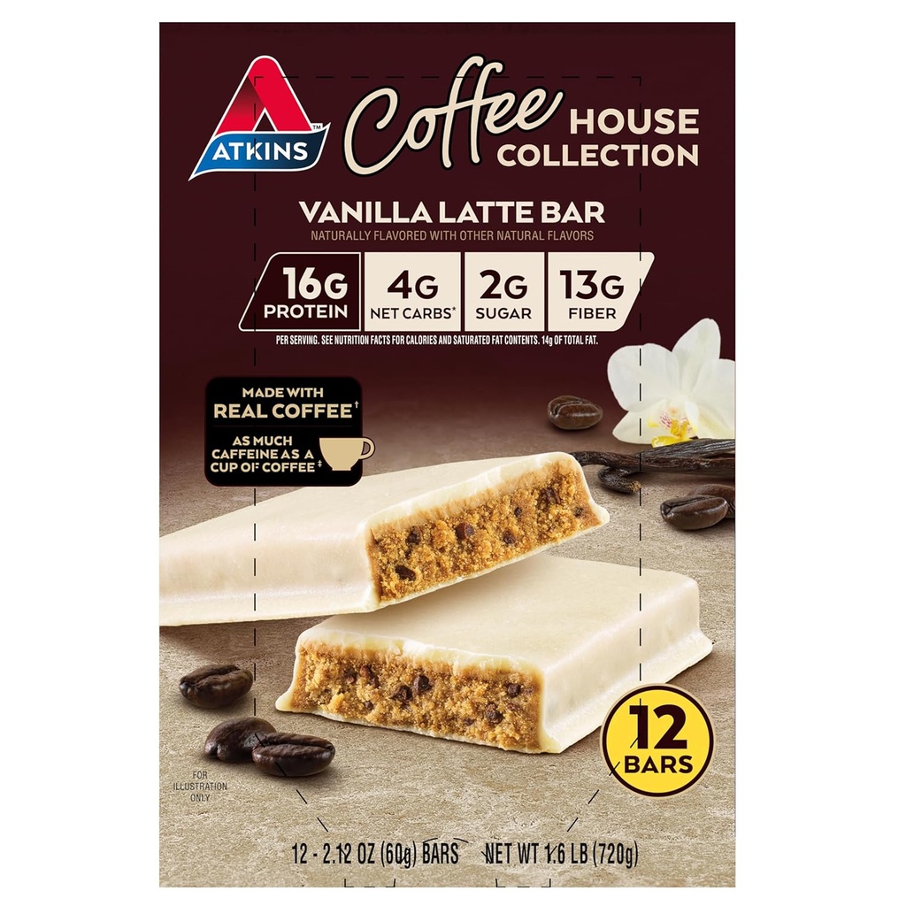 Atkins קפה House Collection Vanilla Latte Bar, 16g חלבון, 2g Sugar, 4g Net Carbs, 13g סיבים, 12 Count