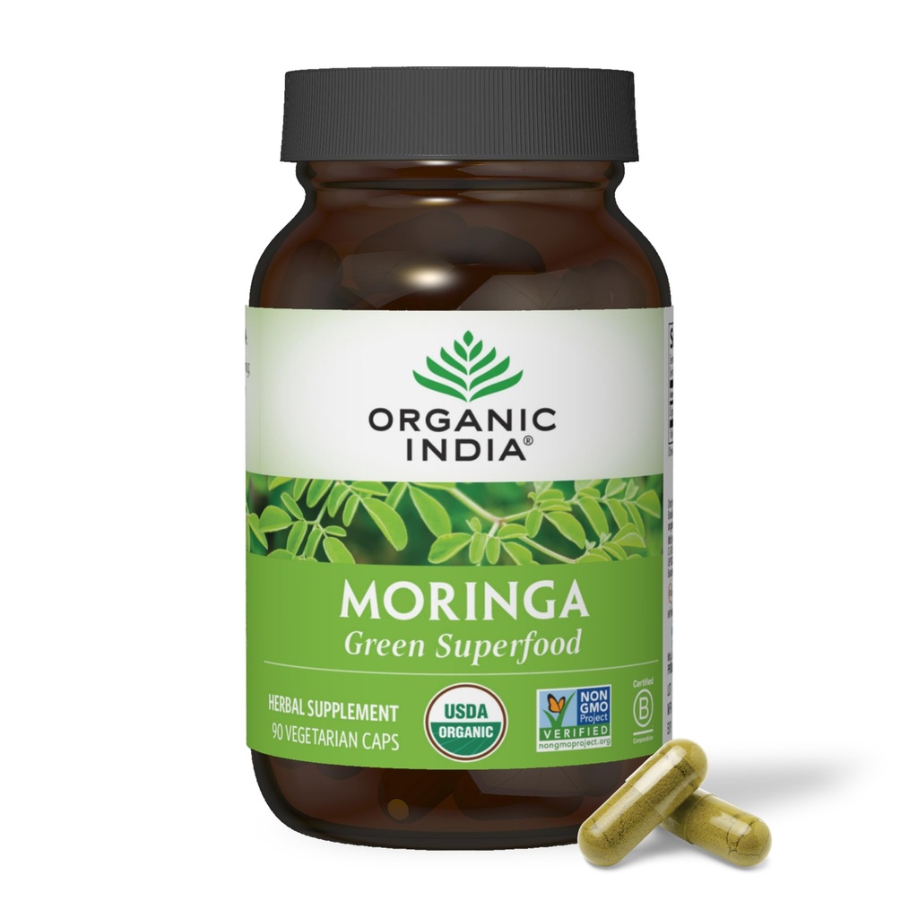 OrganIC INDIA Moringa כמוסות אורגני - Moringa תוסף - ירוק Superfood, Moringa Leaf קפסולות, סופר ירוק טהור, ירוק טבעוני, ה- Multivitamin, טבעוני, Gluten-Free - 90 קפסולות