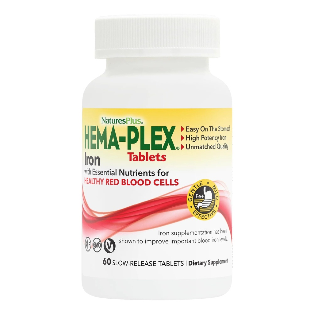 NaturesPlus Hema-Plex Iron - 60 טבליות - 85 מ"ג Elemental Iron + ויטמין C & Bioflavonoids עבור תאי דם אדומים בריאים - טבעוני, גלוט חינם - 30 משרתים
