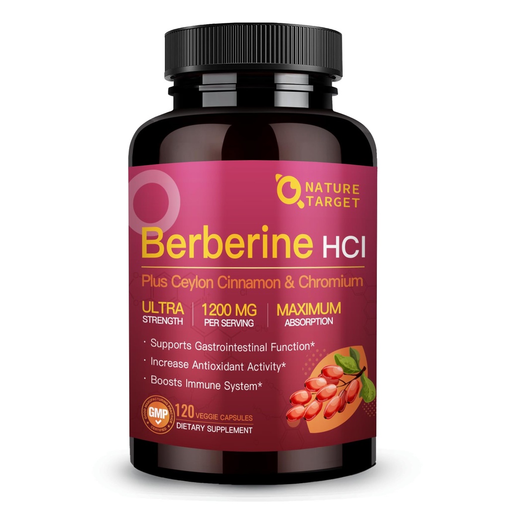 NATURE TARGET Berberine HCl 1200 מ"ג, תוספת ברברין עם Ceylon Cinnamon, Chromium - תומך Immune, Gastros ו- Heart Health, Non-GMO, 120 קפסולות