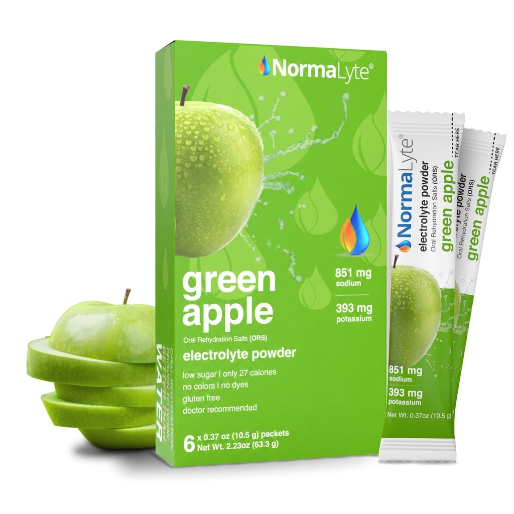 NormaLyte Oral Rehydration Salts- Pack של 6 (Apple) | תוספי אנרגיה, Electrolytes Packets, תוסף Potassium, hydrotion Sachet, No Preservatives, טבעוני, Dehydration