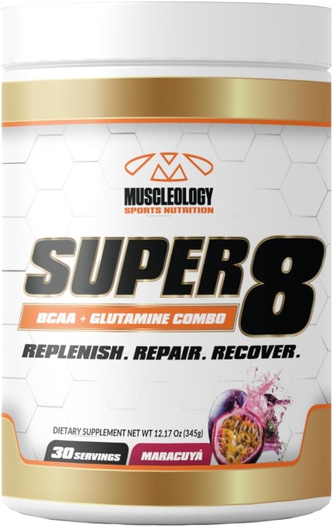 MUSCLEOLOGY Super 8 High Performance BCAA, Electrolyte & Glutamine בל פורמולה - Post-Workout Recovery and השריר תוספת בניין, 30 משרת (Maracuya)