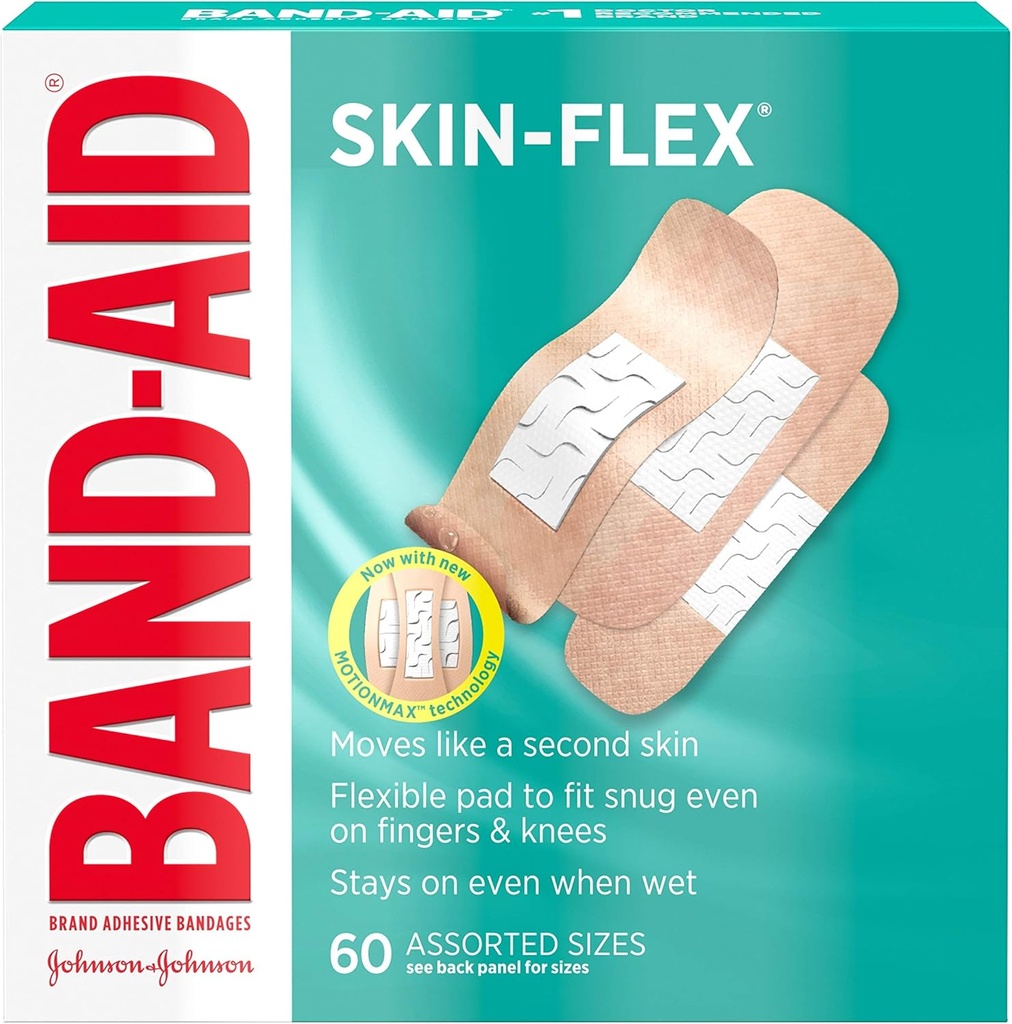 Band-Aid Brand Skin-Flex Adhesive Bandages for First Aid & Wound Care of Minor Cuts, Scraps & Burns, Sterile Bandages Great for Fingers, Hands & Knees, Assorted Sizes, 60 cts