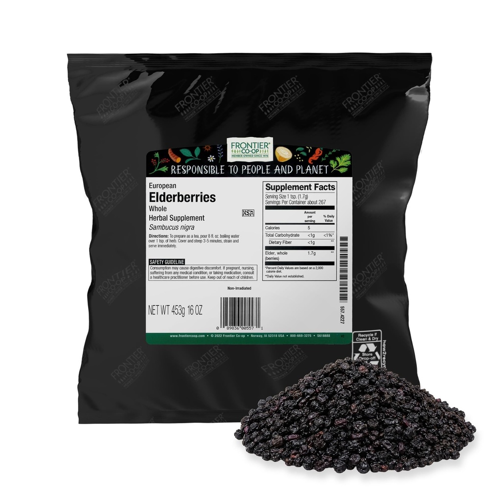 Frontier Co-op Dried Elderberries, 2lb Bulk Bag, Whole Berries - פירות כשרים ולא-GMO Dried עבור אבקת Elderberry, תה וסירופ