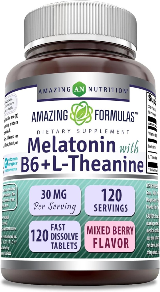 פורמולה מדהימה מלטונין עם ויטמין B6 + L-theanine תוסף | 30 Mg Per המשרתת | מעורב ברי פלפור | 120 טבליות | Non-GMO | Gluten Free | Made in USA