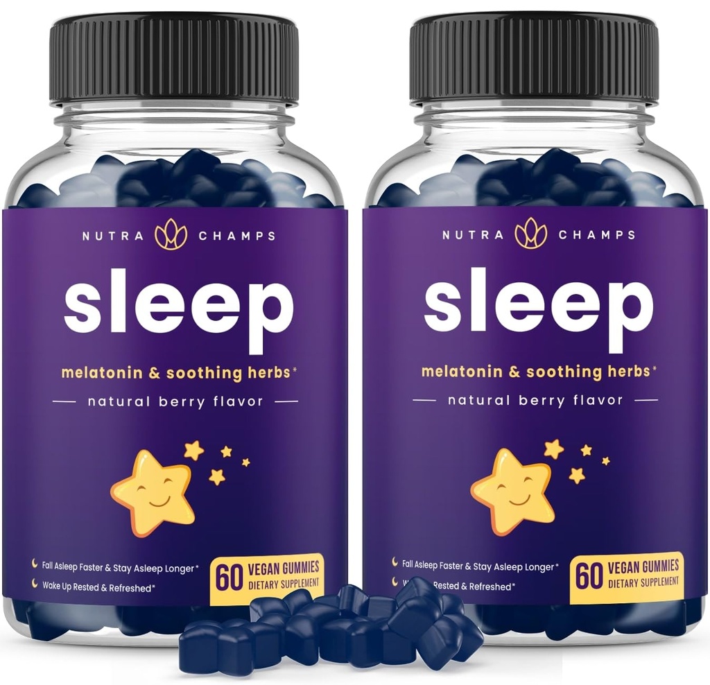 NutraChamps Sleep Gummies for Adults & Kids, Melatonin Gummies with Chamomile, Valan & L Theanine, ילדים טבעוניים מלטונין 3 מ"ג, 1.5 מ"ג, או 6 מ"ג (Pack של 2, 120 מסטיקמי)