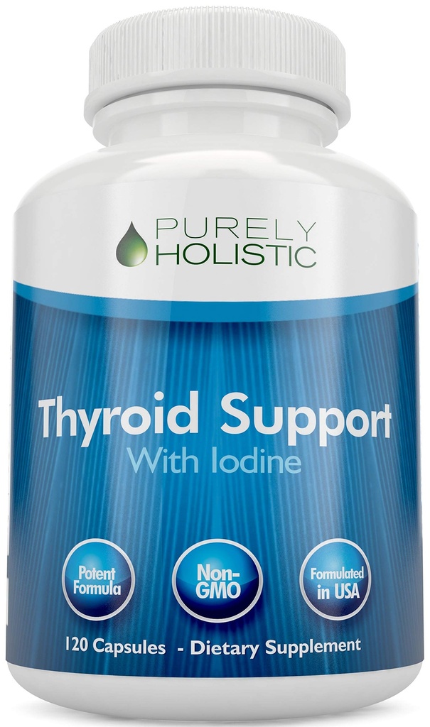 Purely Holistic Thyroid תומך תוסף Iodine - 120 קפסולות - 2 חודשים אספקה - עם L-Tyrosine, B12, Magnesium, Ashwagandha, Kelp & More - פורמולה לנשים - לא GMO