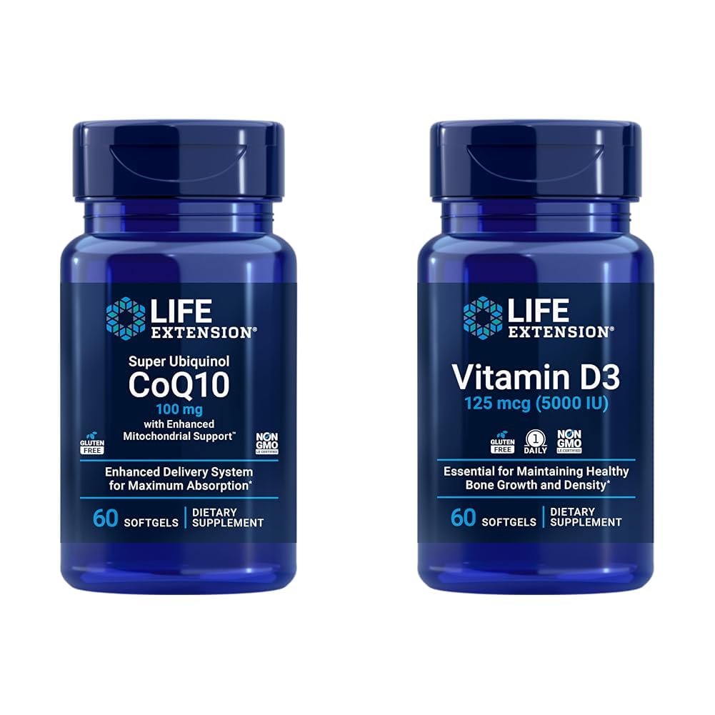 Life Extension Super Ubiquinol CoQ10 עם תמיכה מואצ'ונדרית מוגברת ויטמין D3 125 mcg (5000 IU), Bone Health