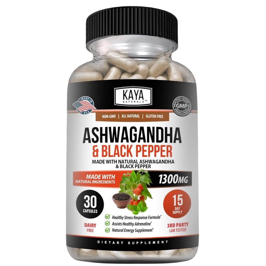 Kaya Naturals Ashwagandha Root with Black Pepper | כוח מקסימלי 1300 מ"ג תוסף הסתגלות, תמיכה Adrenal, Glandular Health, Mood Relief, Focus, Energy & Vitality for Men & Women