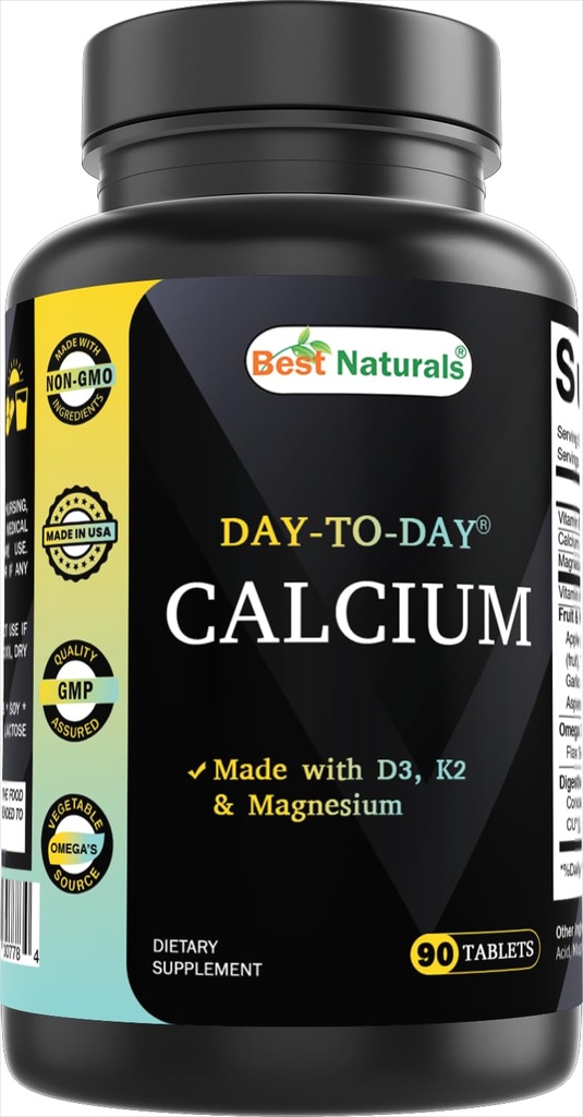 Best Naturals Calcium עם D3 K2 Magnesium 90 טבליות - Made with Digestive Enzyme, פרוביוטיקה