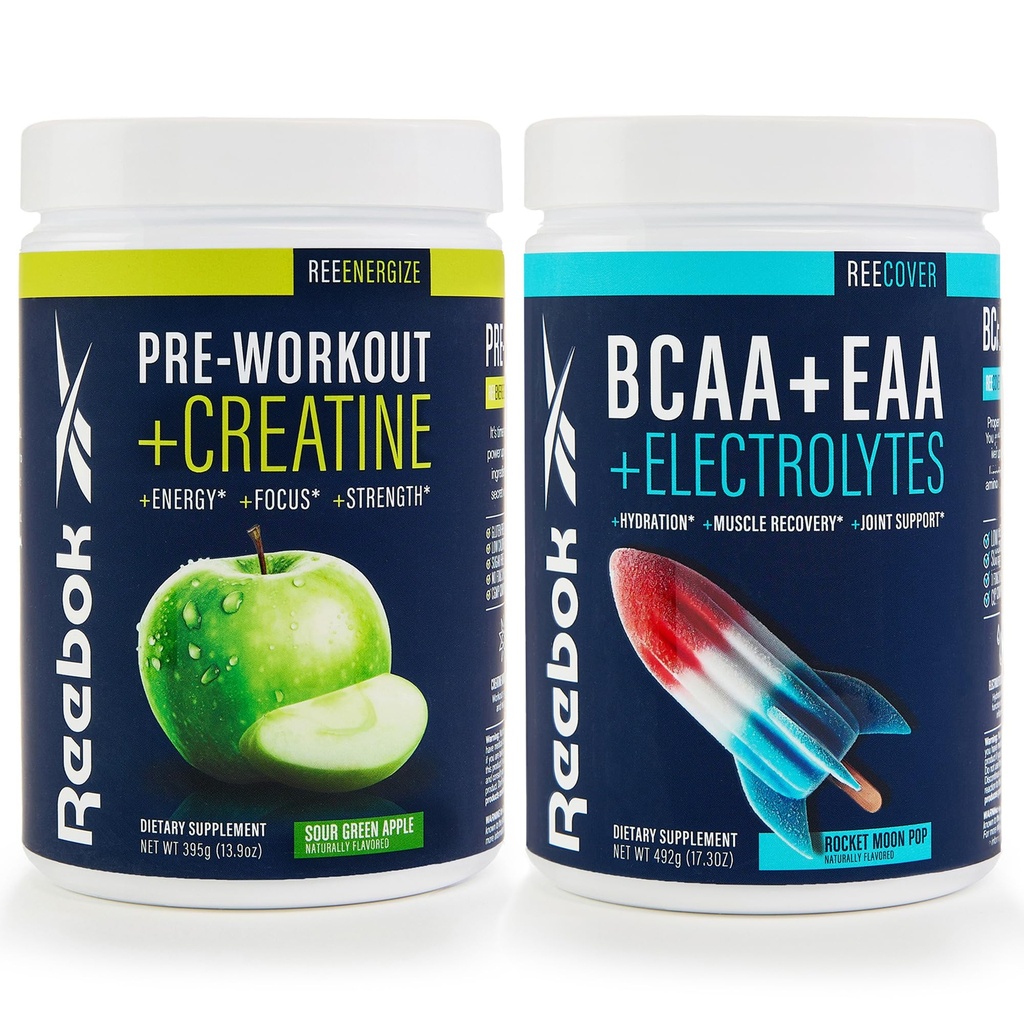 Reebok REEEnergize & REECover Bundle | Pre-Workout + BCAA Performance Pack | Sour Green Apple & Rocket Moon Pop | מערכת אימונים מלאה