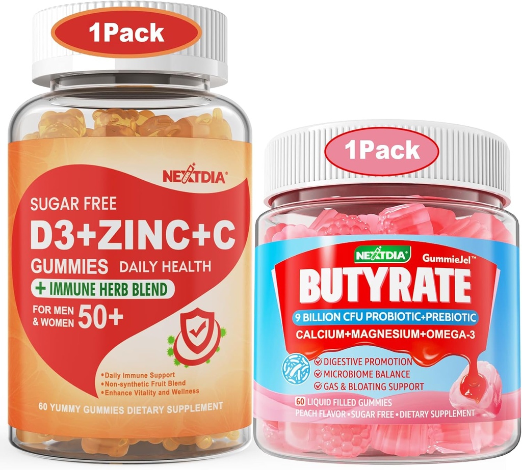 סוכר חינם ויטמין C + D3 + Zinc Gummies למבוגרים 50 + Butyratemies עם Probiotic + Prebiotic + Postbiotic