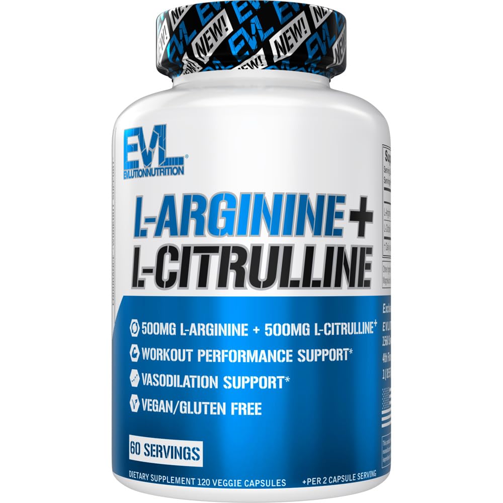 תוספי תזונה L-Arginine + L-Citrulline - Endurance + Workout Performance Supplement - 1000mg Complex - וידוי + Nitric Oxide תמיכה - טבעוני + Gluten Free כמוסות - 60 משרתים