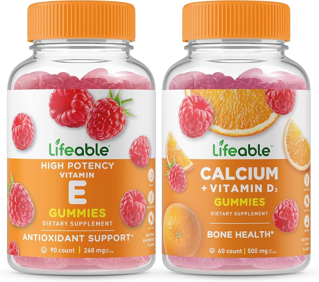 ויטמין E + Calcium עם ויטמין D, Gummies Bundle - גדול Tasting, ויטמין תוסף, Gluten חינם, GMO חינם, Chewable Gummymymy